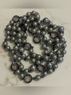 Elegant Gray Pearl and Smoky Crystal Long Necklace, EUC
